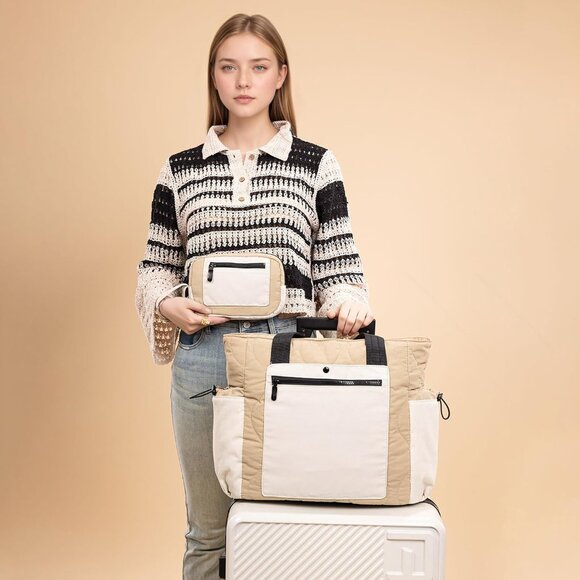 Cream Khaki Lightweight Puffer Tote Bag for Women with Laptop Compartment - Picture 7 of 7